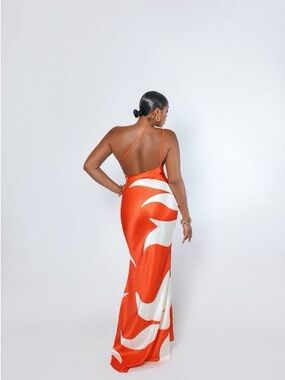 Hanifa Orange and White Backless Satin Maxi Dress